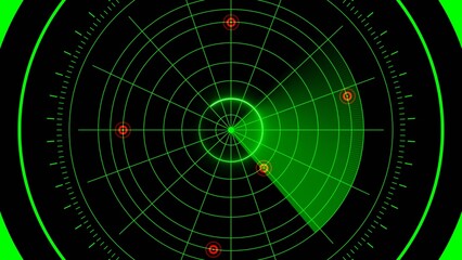 Green radar screen with concentric circles and targets detected black
