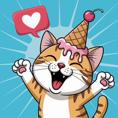 A lively illustration of a cheerful cat with an ice cream cone, expressing pure joy and excitement, perfect for playful themes and animal lovers looking for vibrant artwork.