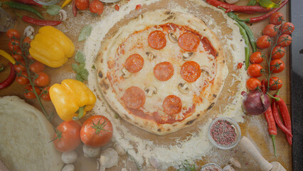 Pepperoni and mushroom pizza surrounded by fresh vegetables like bell peppers, cherry tomatoes, onions, and chili on a floured wooden surface, showing the cooking process