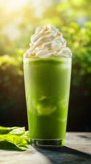 Tall glass of matcha frappe with whipped cream and ice in sunlight  