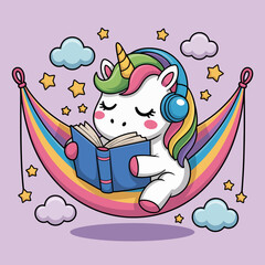 This whimsical illustration features a cute unicorn in headphones reading a book, representing imagination and the joy of reading, great for children's products and literature.