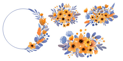 Watercolor Floral Wreath with Orange and Blue Flowers.