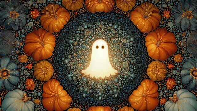 Whimsical Halloween Pattern: Glowing Ghost Surrounded by Pumpkins and Decorative Orbs for Festive Backgrounds and Designs