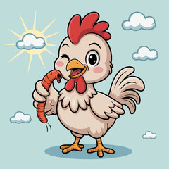 A charming cartoon chicken playfully winking while holding a worm, set against a sunny sky, portraying humor and simplicity in nature's interactions.