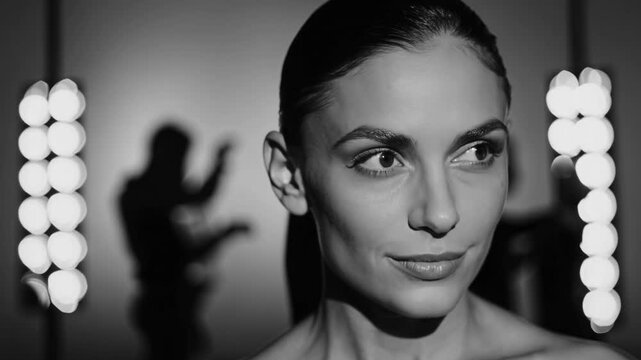 Captivating model showcases elegance in a fashion studio during an evening photoshoot