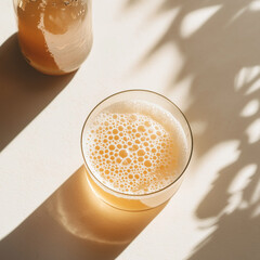 Top-down view of glass filled with bubbly kombucha beverage