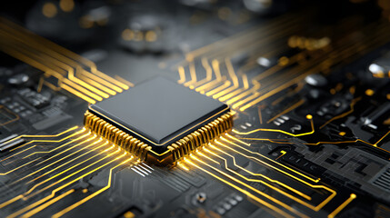 Computer processor unit on glowing circuit board