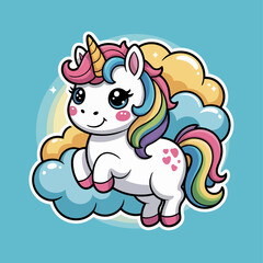 This playful unicorn features a vibrant mane and joyful expression, surrounded by fluffy clouds, evoking a sense of magic and wonder in a whimsical setting.