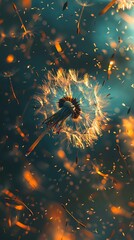 Ephemeral Dance: A Luminous Dandelion Seed Dispersal in Atmospheric Glow