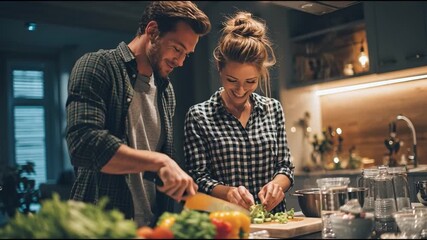 Dinner and romance: Man and woman chop vegetables and laugh while cooking - Powered by Adobe