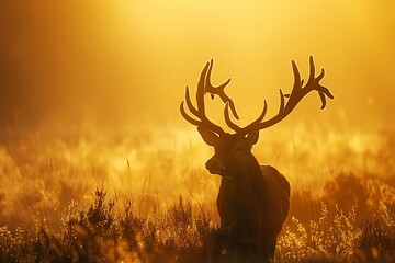 Majestic stag silhouette at golden sunrise, amidst wild grass landscape scenery