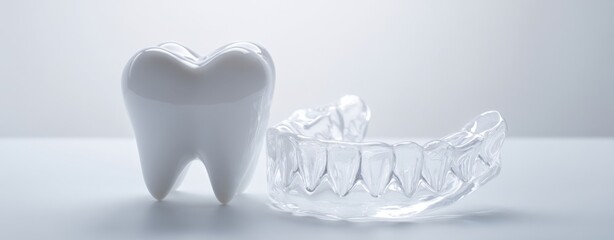 The tooth model with clear dental aligner displayed on clean white background