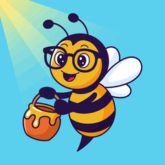 A cheerful cartoon bee, wearing glasses, enthusiastically collects honey from a pot, radiating a sunny vibe in a bright and inviting environment.