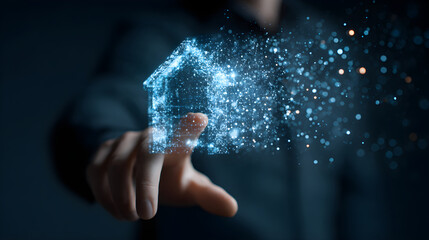 Person touching dissolving digital house connecting future technology