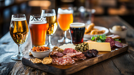 Variety of craft beers served with a charcuterie board on wooden table  