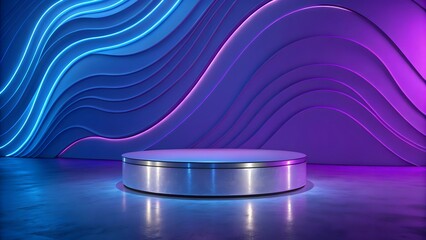 A futuristic podium with neon lights, showcasing a modern stage with blue and purple hues, perfect for product display and presentation