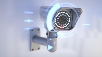 Futuristic Security Camera with Digital Interface Advanced Surveillance Technology and Monitoring on Wall with Glowing Graphics, Emphasizing Modern Security Solutions and Capabilities