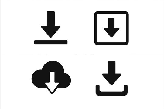 Download icons set with arrow symbols, simple black vector signs for web and app, cloud download, data transfer symbols, minimal design with transparent background, ordered collection for digital use