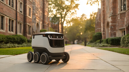 Delivery robot on sidewalk at campus during sunset