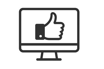 Social media like icon on computer monitor screen vector illustration, thumbs up sign on digital display, positive feedback concept, digital approval, minimalistic tech graphics