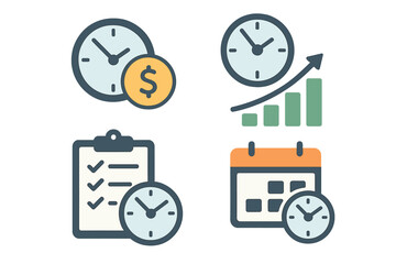 Time is Money Concept, Long-Term Investment, Financial Planning, Finance Strategy, Payment Deadline, Time Management Icons Set, Productivity and Growth Vector Illustration