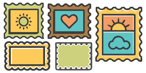 Obraz premium Collection Colorful Postage Stamp Frames Icons with Sun, Heart, Sunset Landscape, and Blank Designs - Flat Vector Set for Travel, Love, and Mail Concepts