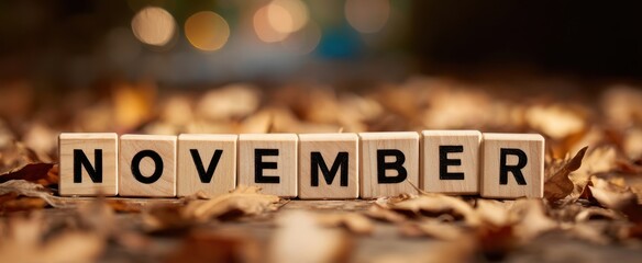 The wooden blocks spelling November on fallen autumn leaves with bokeh lights