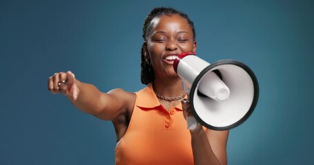Black woman, megaphone and pointing to you for winning, prize or sale on blue background. African person, smile and voice with bullhorn, loudspeaker and choice for selection with excited announcement - Powered by Adobe