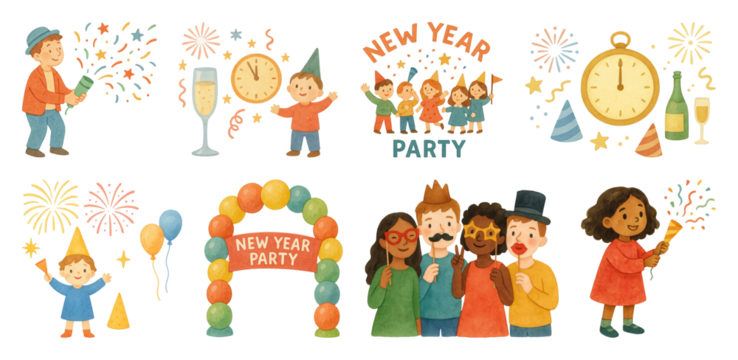PNG Festive New Year celebration illustrations, element set on transparent background