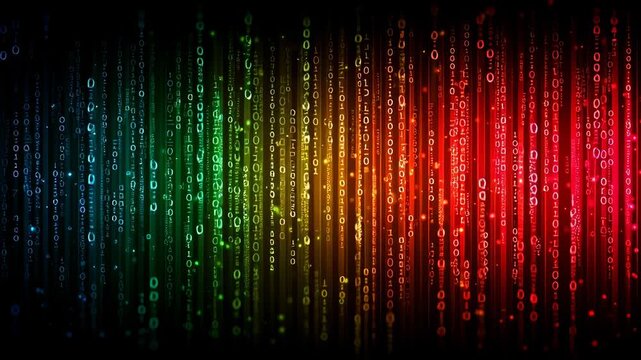 Abstract Binary Code Overlay with Vibrant Rainbow Gradient Effect on Dark Background