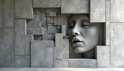 Surreal Concrete Face Emerging from Abstract Geometric Wall Structure