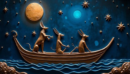 Three Jackal-Headed Figures Sailing a Boat Under a Golden Moon and Stars