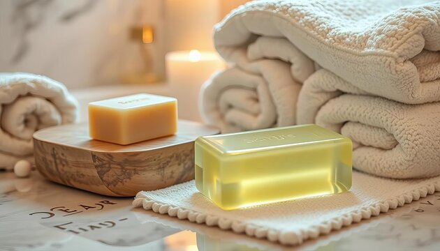 Luxurious bar soap and fluffy towels on a spa-like setting, resort, organic