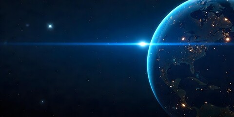Blue planet earth with dark horizon, digital grid lines, horizontal blue light beam, light background with stars