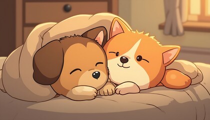 Two Adorable Cartoon Dogs Snuggling Under a Blanket