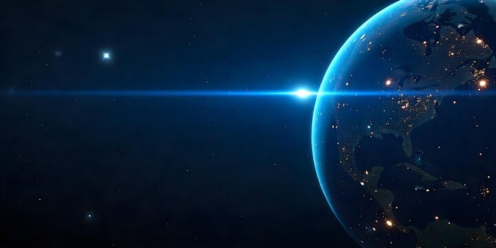 Blue planet earth with dark horizon, digital grid lines, horizontal blue light beam, light background with stars