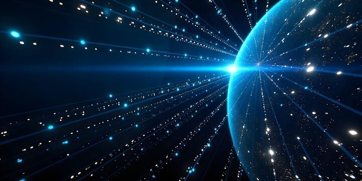 Blue planet earth with dark horizon, digital grid lines, horizontal blue light beam, light background with stars
