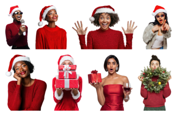 PNG Festive women celebrating Christmas joyfully, element set on transparent background