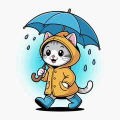 A delightful cat in a yellow raincoat strolls with an umbrella, radiating happiness and enjoying a lighthearted moment while it rains, capturing the essence of joy amidst weather.