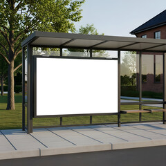 Naklejka premium Modern Urban Bus Stop Shelter with Large Blank White Advertising Panel.