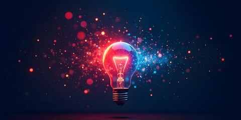 A light bulb exploding with red and blue light, dark background