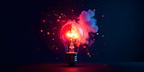 A light bulb exploding with red and blue light, dark background