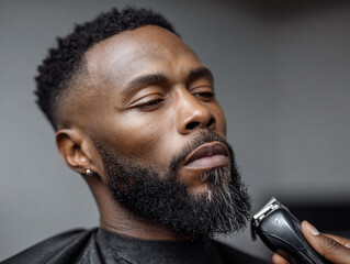 Obraz premium Black man receiving a professional beard grooming in a stylish barbershop, clipper action frozen mid-air 