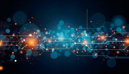 Abstract technology background with blue and orange geometric shapes, lines, and dots, creating a sense of connectivity and data flow, against a dark backdrop