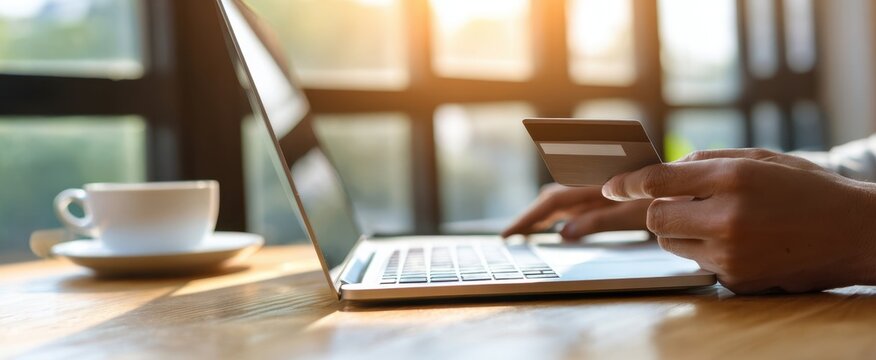 The laptop and credit card in a sunlit workspace for secure online shopping
