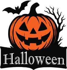 Vintage Halloween Logo with Pumpkin, Bat, and Creepy Tree on White Background