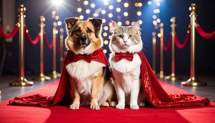 a Dogs and Cats Dressed for a Red Carpet Event with Glamorous Background Lights