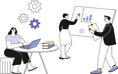 Collaborative Business Environment with Data Analysis, Teamwork, and Technological Integration, Fostering Productivity and Strategic Development in a Modern Office Setting
