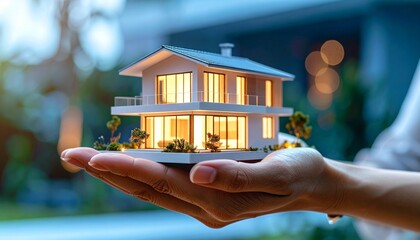 a Person's hands hold a digital 3D model of house showcasing modern architecture