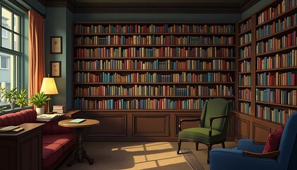 Warm Sunlight Illuminates a Classic Library Nook